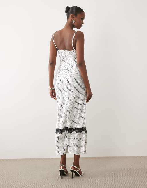 Rare London – Camisole-Maxikleid aus Satin mit Punktemuster und Spitzendetail am Dekolleté, 4 von 4
