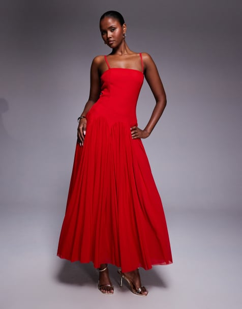 Rare London – Camisole-Maxikleid in Rot mit tiefer Taille mit Bogenkante und Faltendesign - view 1