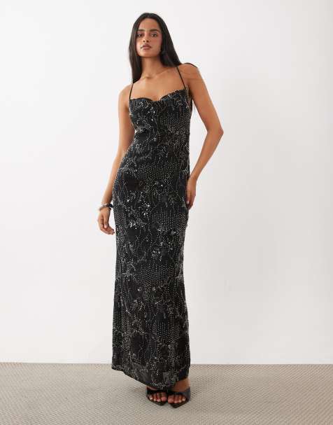 Rare London caraco robe longue en mousseline à sequins et perles noire - view 1