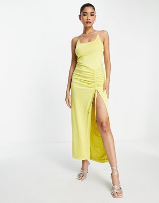 Rare London chain cami strap maxi dress with thigh split in mustard