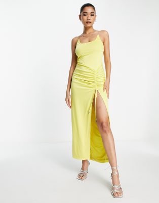 Rare London chain cami strap maxi dress with thigh split in mustard