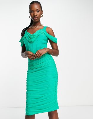 Rare London Corset Ruched Drape Midi Dress In Green