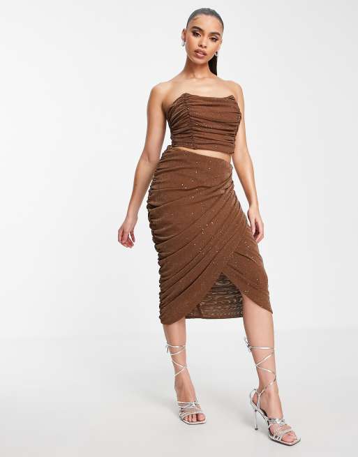 Rare London - Corsetto in rete arricciata color cammello in coordinato