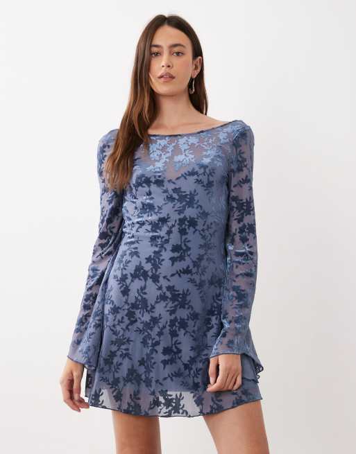 Rare London cowl back burnout floral fluted sleeve mini dress in navy, 2 of 4
