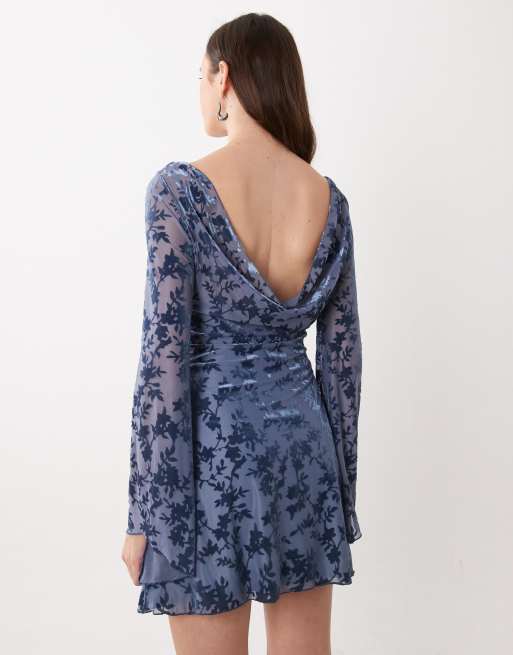 Rare London cowl back burnout floral fluted sleeve mini dress in navy, 4 of 4