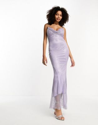 Rare London Cowl Neck All Over Diamante Maxi Dress In Lilac-purple