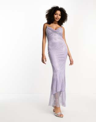 Rare London cowl neck all over diamante maxi dress in lilac