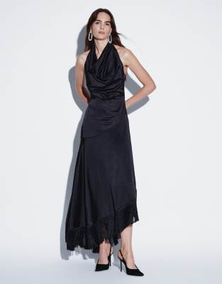 Rare London Cowl Neck Ruced Aysmmetric Tassel Hem Maxi Dress In Black