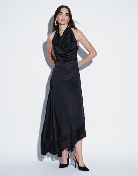 Rare London cowl neck ruced aysmmetric tassel hem maxi dress in black
