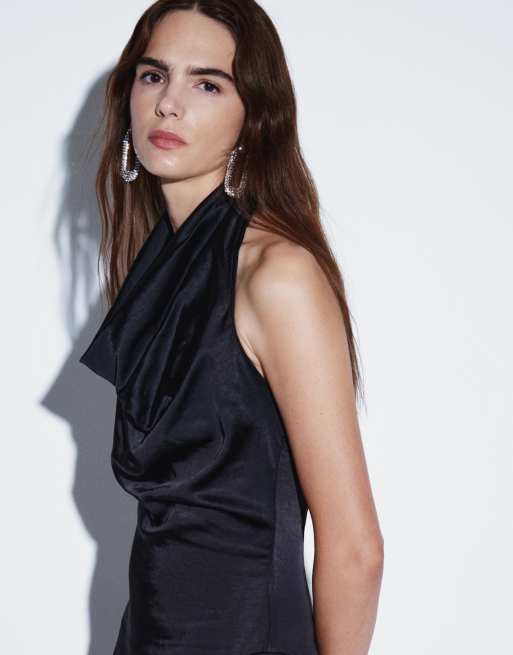Rare London cowl neck ruced aysmmetric tassel hem maxi dress in black, 2 of 4