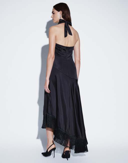 Rare London cowl neck ruced aysmmetric tassel hem maxi dress in black, 3 of 4