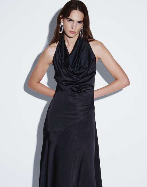 Rare London cowl neck ruced aysmmetric tassel hem maxi dress in black, 4 of 4