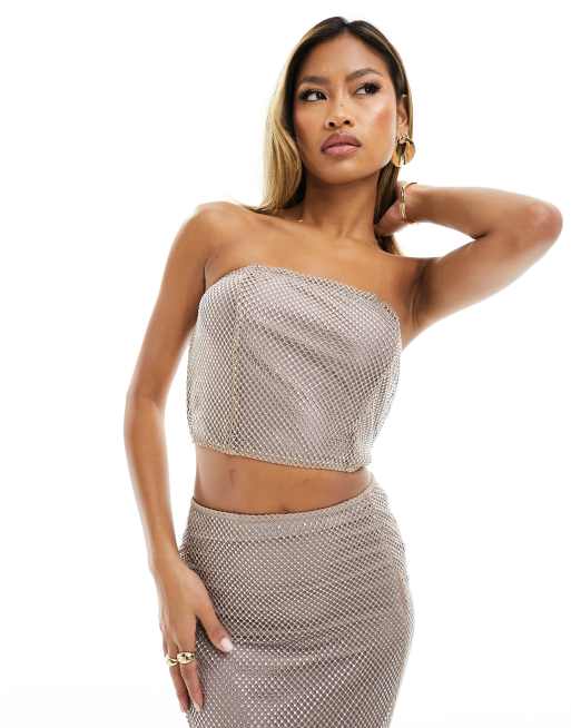 Rare London - Crop top bandeau d'ensemble de qualité supérieure à motif losanges - Rose