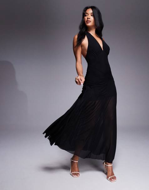 Rare London halter neck plunge sheer hem overlay maxi dress in black