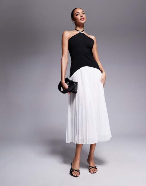 Rare London bow detail halterneck dropped waist pleated midi dress in black & white mono