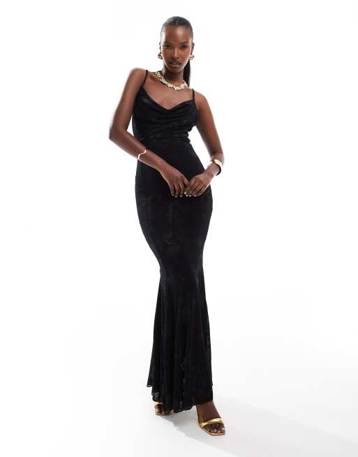 Black and gold v neck fishtail maxi dress hotsell