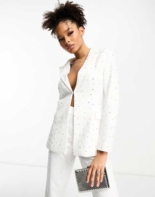 Embellished Fishnet Blazer - White