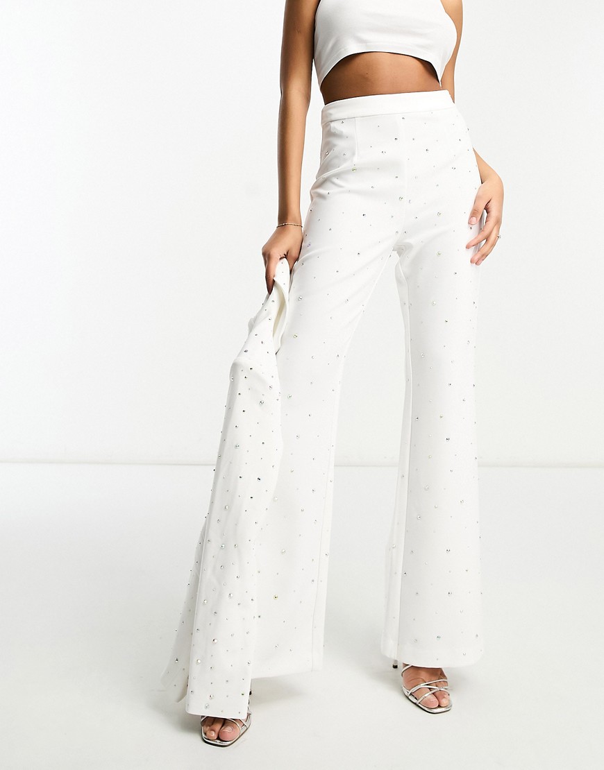 Rare London diamante embellished flared trousers co-ord in white