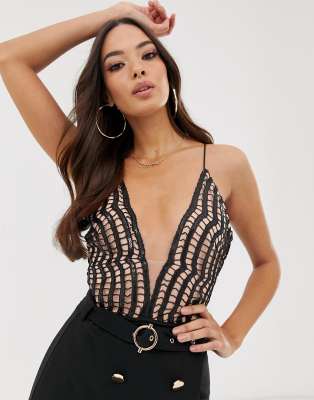 Rare London plunge sequin detail bodysuit-Black Black