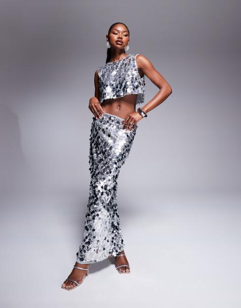 Rare London disc sequin bodycon maxi skirt co-ord in silver
