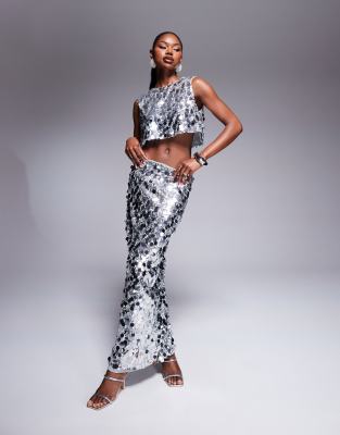 London disc sequin bodycon maxi skirt in silver - part of a set