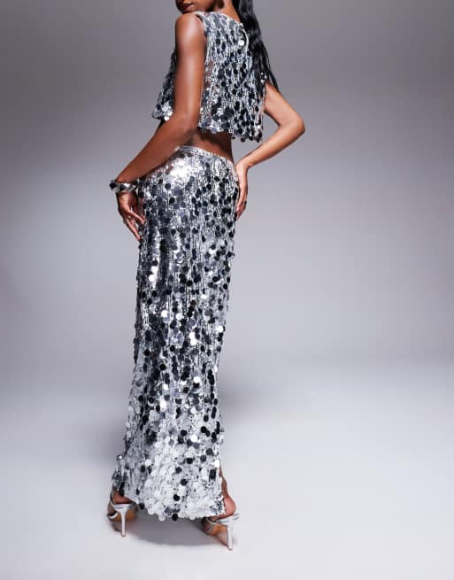 Rare London disc sequin bodycon maxi skirt in silver - part of a set, 3 of 5