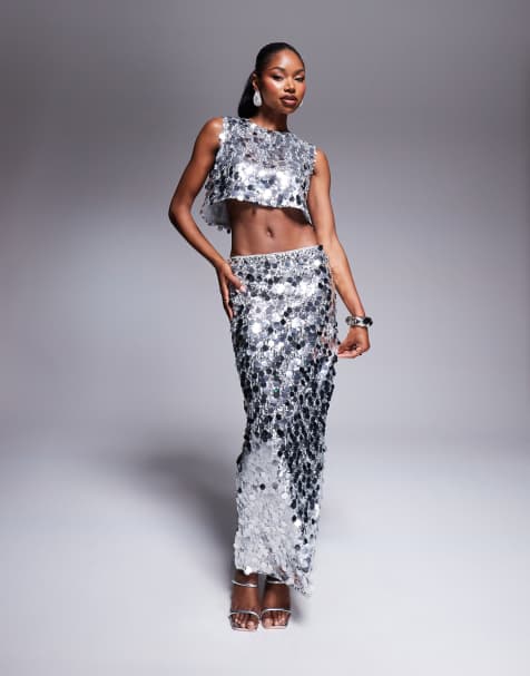 Rare London disc sequin boxy sleeveless crop top and bodycon maxi skirt co-ord in silver - view 1