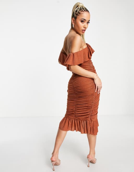 Rare London – Drapiertes, schulterfreies Midikleid aus Netzstoff in Bronze, 4 von 4