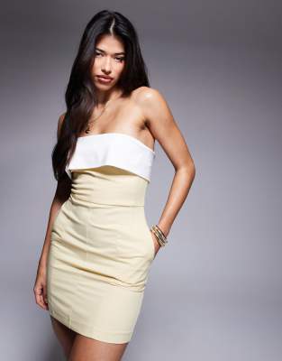Rare London - Elegantes, trägerloses Minikleid in Buttergelb mit Kontrastdetails und umgeschlagenem Ausschnitt