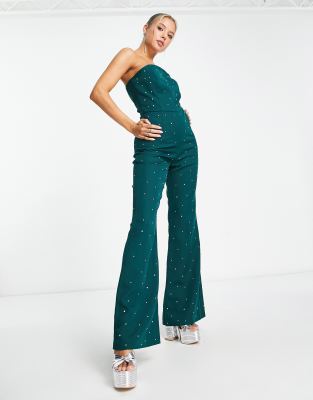 Rare London embellished bandeau jumpsuit in emerald green