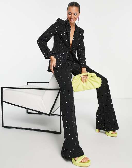 Bell Bottom Pants Suit Set With Black Blazer, Puffed Sleeve Blazer