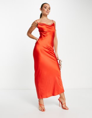 Rare London Embellished Satin Maxi Dress In Burnt Orange | ModeSens