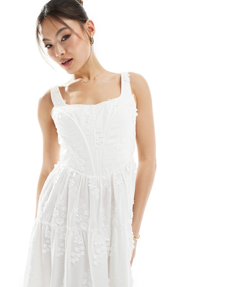 Rare London embroidered corset tiered midi dress in white