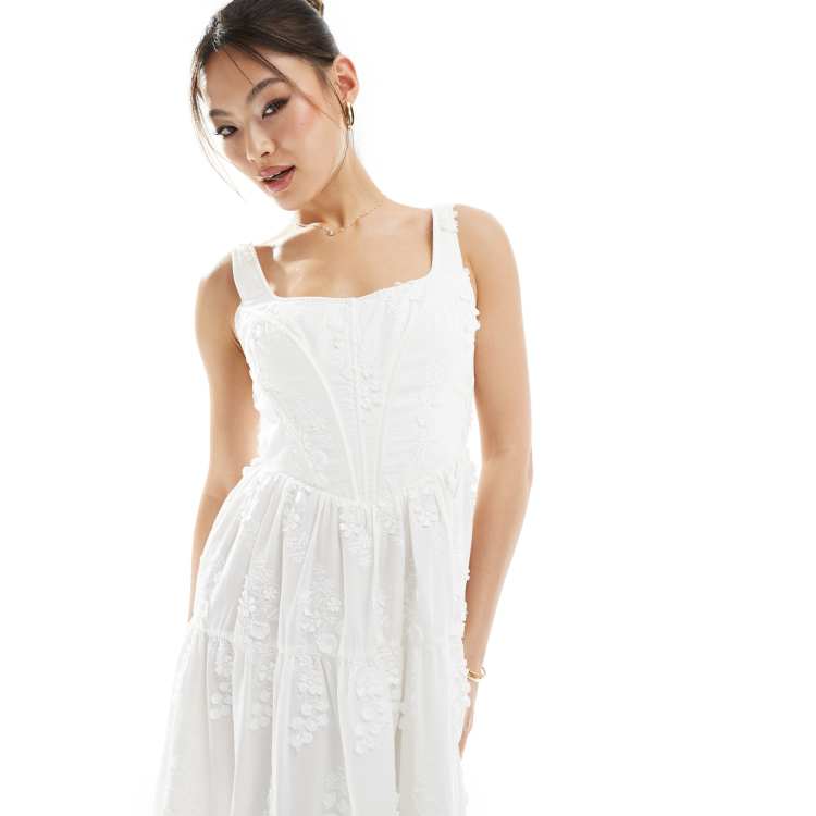 Rare London embroidered corset tiered midi dress in white ASOS