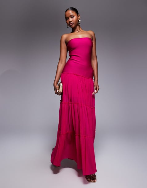 Rare London exclusive bandage bandeau dropped waist tiered mesh maxi dress in fuchsia - view 1