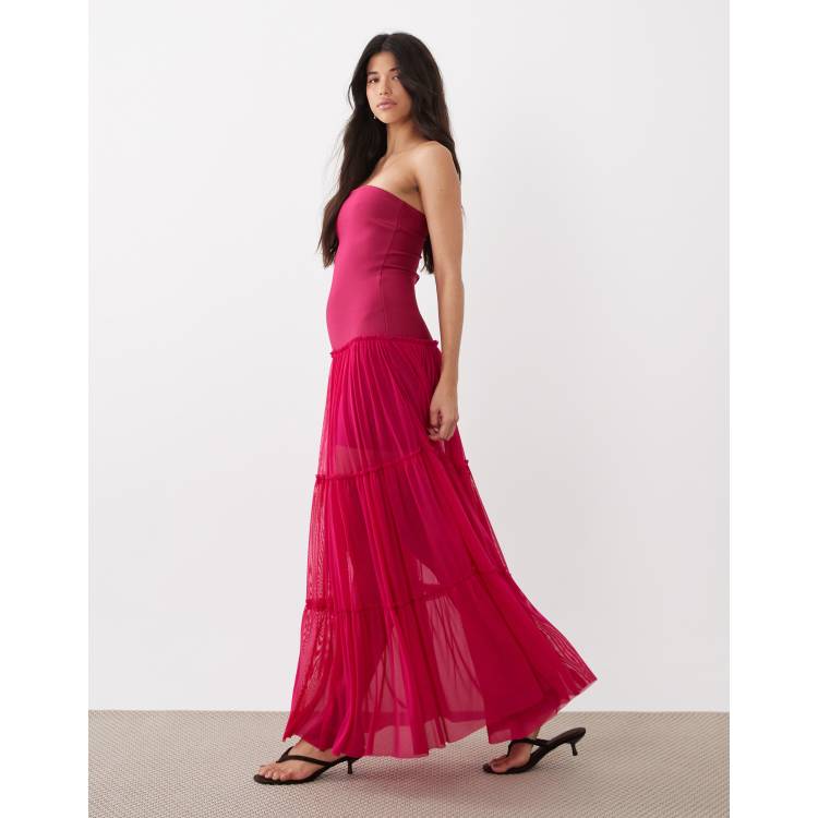 fuchsia ruched scarf dropped waist maxi dress Fuchsia Ruched Scarf Dropped Waist Maxi Dress