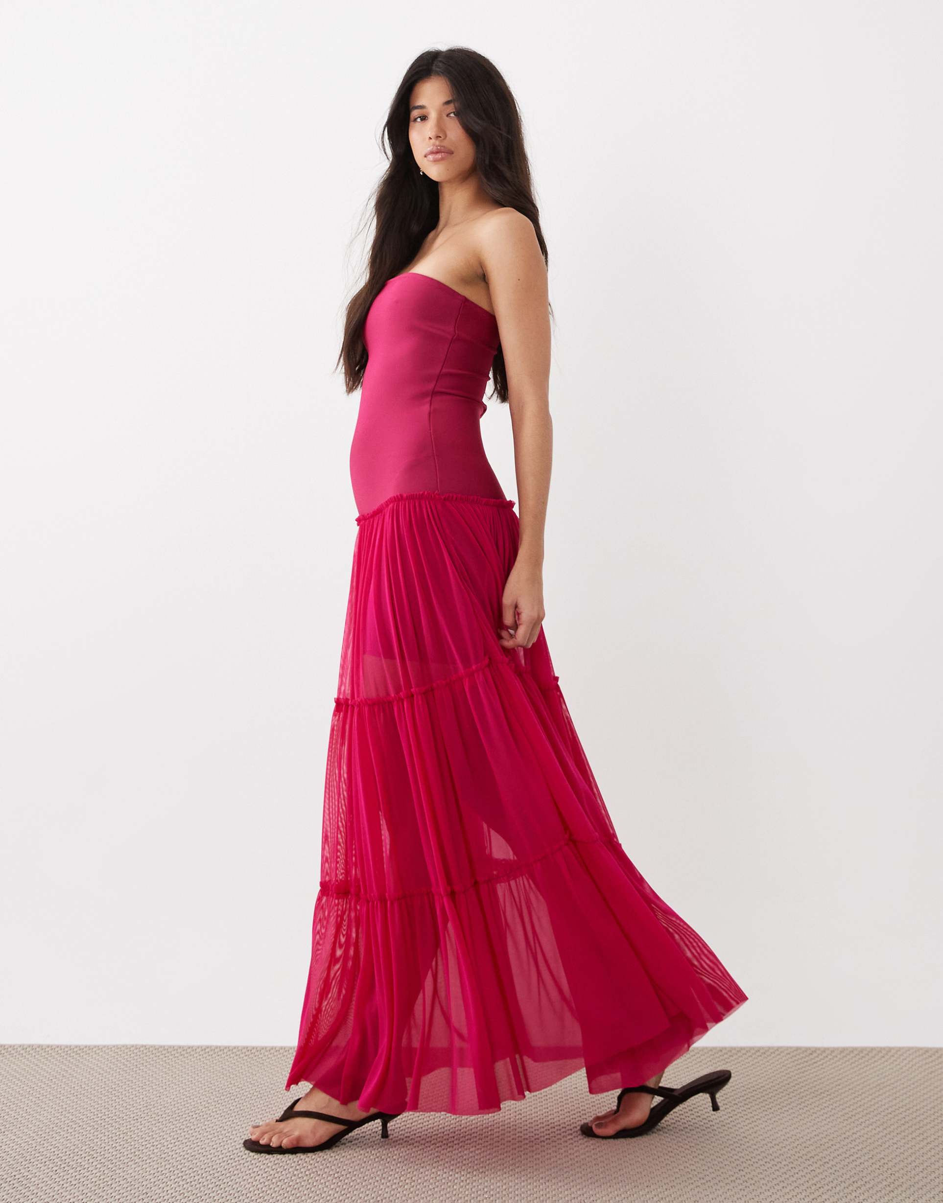rare london exclusive dropped waist tiered mesh strapless bandage maxi dress in fuchsia