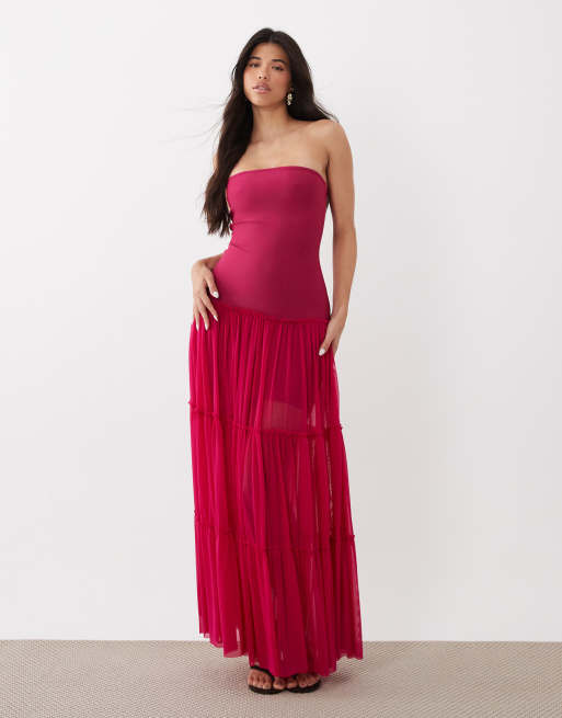 Rare London exclusive dropped waist tiered mesh strapless bandage maxi dress  in fuchsia | ASOS