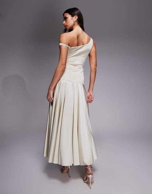 Rare London exclusive high shine satin drop curved waist maxi dress in sage-Green