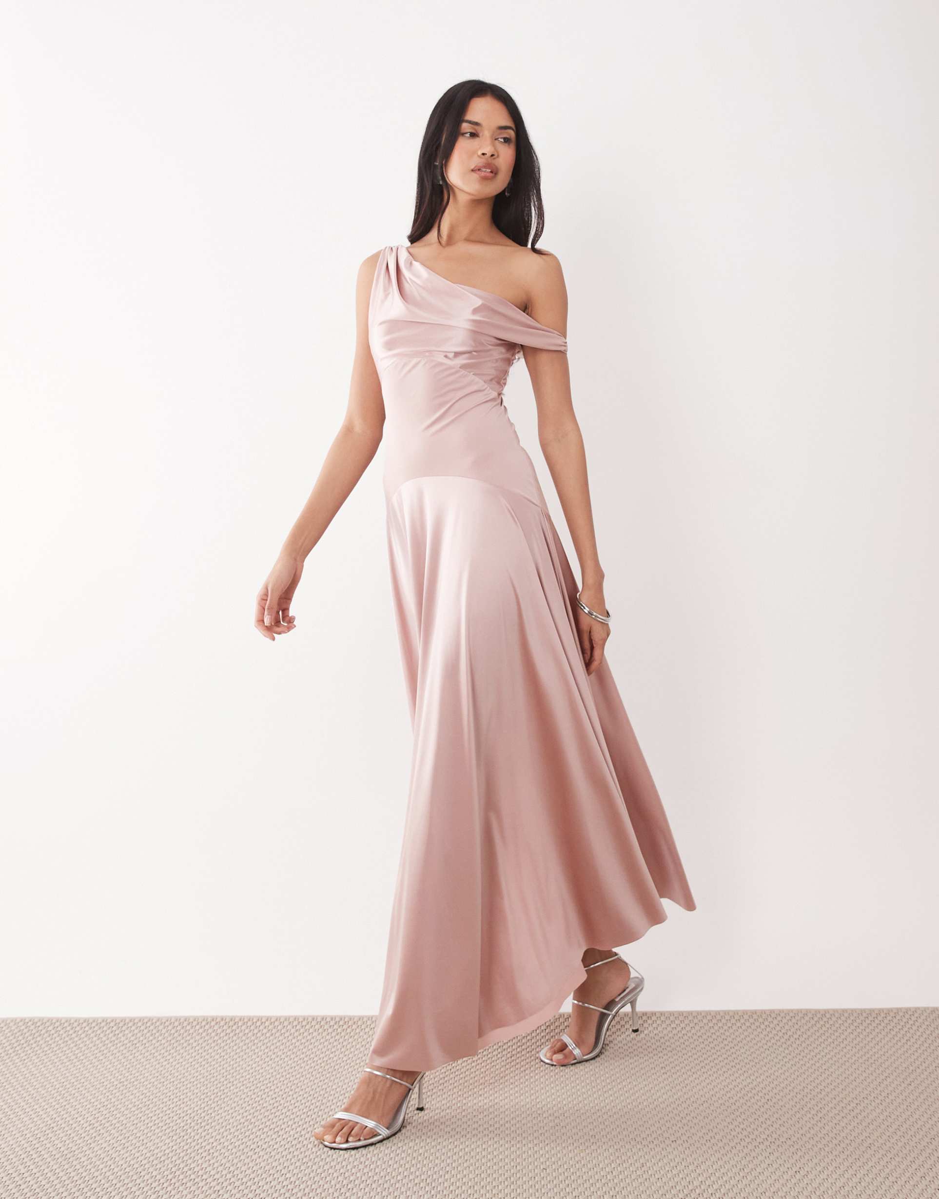 rare london exclusive high shine satin drop waist maxi dress in blush
