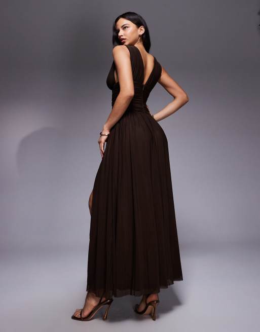 Rare London exclusive Mesh Overlay Plunge Ruched Waist Side Slit Maxi Dress in chocolate-Brown