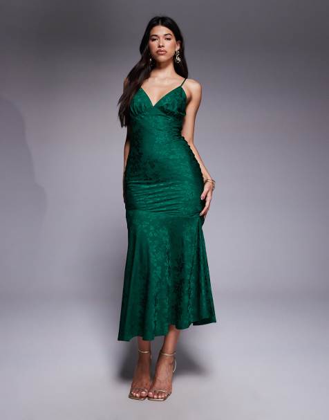 Rare London exclusive satin floral jacquard cami fishtail hem midaxi dress in emerald - view 1
