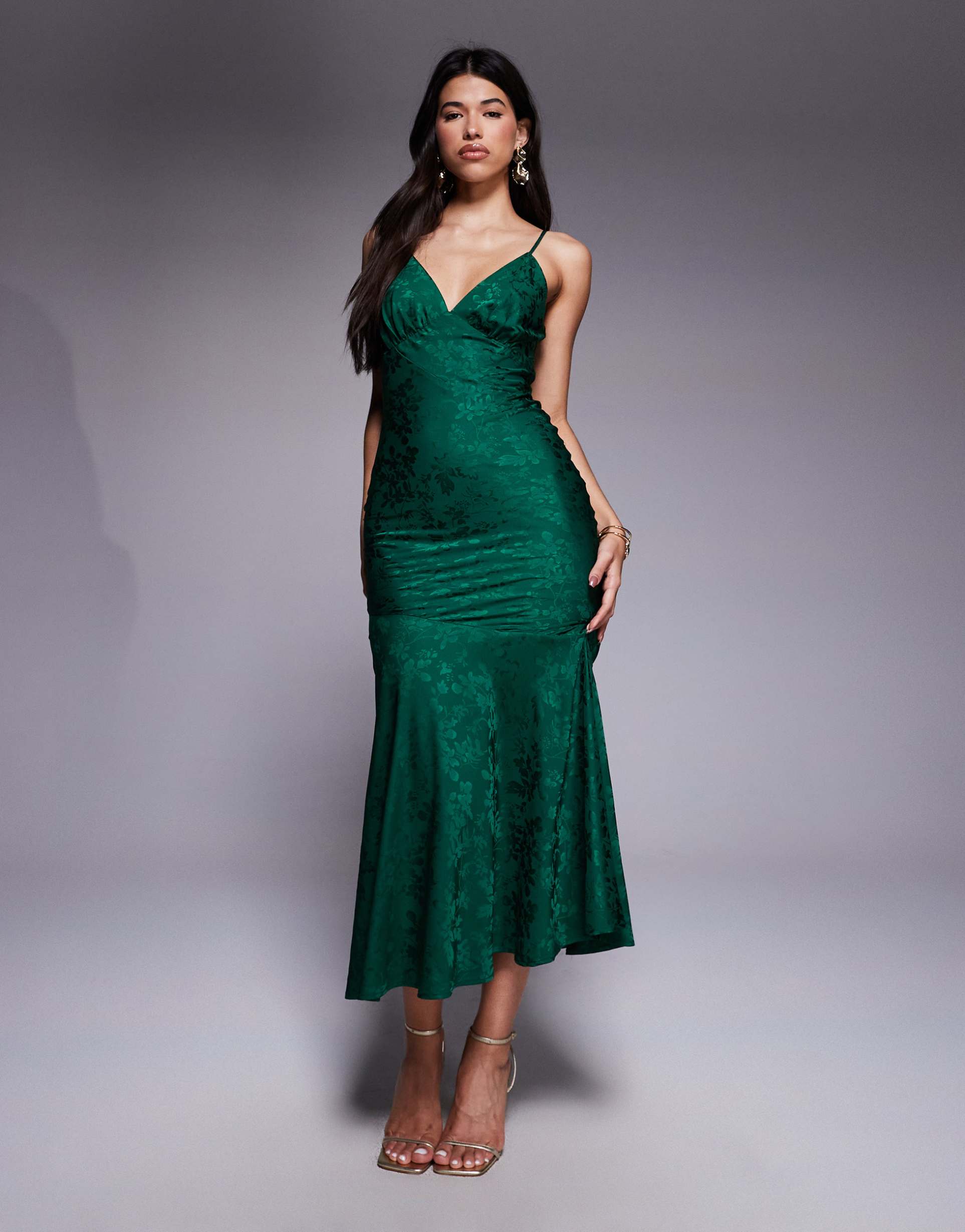 rare london exclusive satin floral jacquard cami fishtail hem midaxi dress in emerald