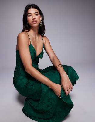 Rare London Exclusive Satin Floral Jacquard Cami Fishtail Hem Midaxi Dress In Green