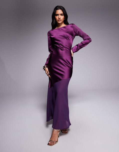 Rare London exclusive satin long sleeve sheer hem maxi dress in purple - view 1