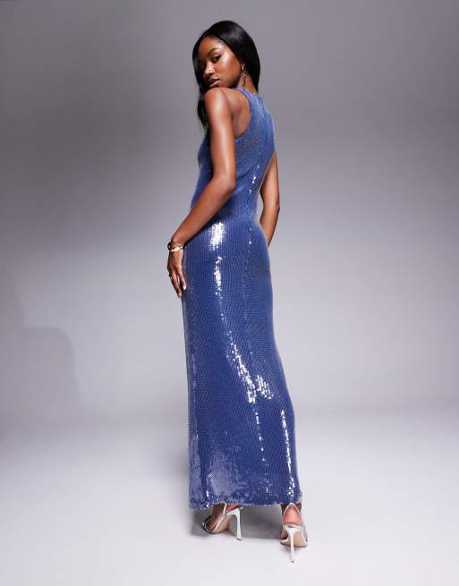 Rare London exclusive sequin racer neck maxi dress in dark blue