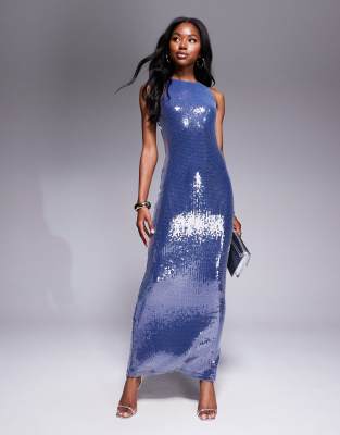 Rare Rare London exclusive sequin racerneck maxi dress in dark blue