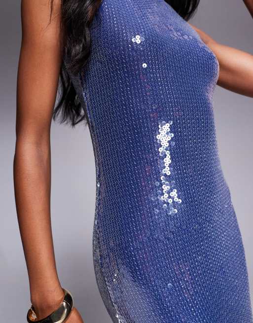 Rare London exclusive sequin racerneck maxi dress in dark blue, 3 of 4