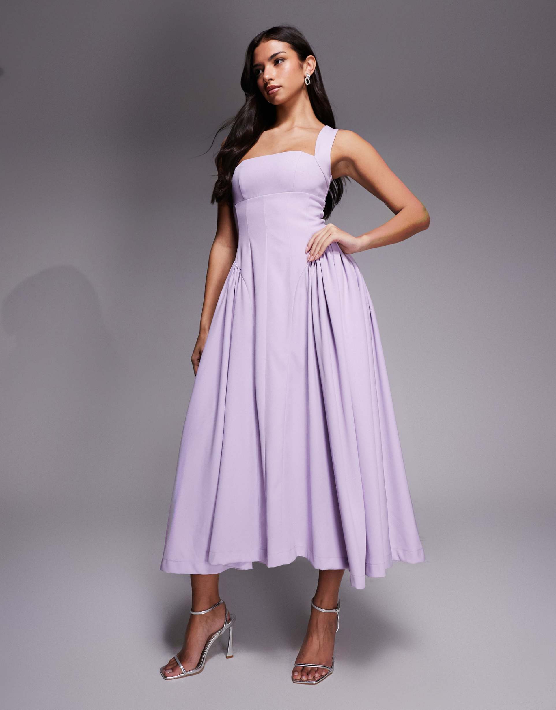 rare london exclusive square neck full skirt hip gather detail midi dress in lilac