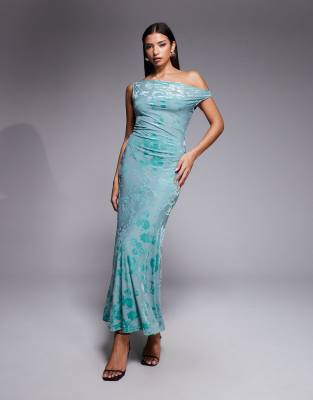 Rare London Fallen Shoulder Burnout Floral Maxi Dress In Blue